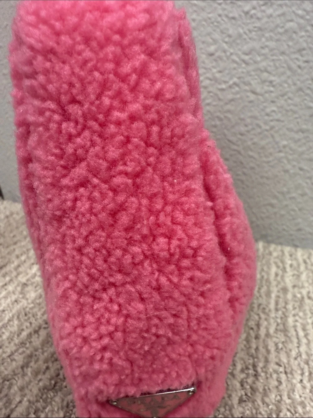 Source Unknown Bright Pink Shearling Shoulder Bag with Black Logo